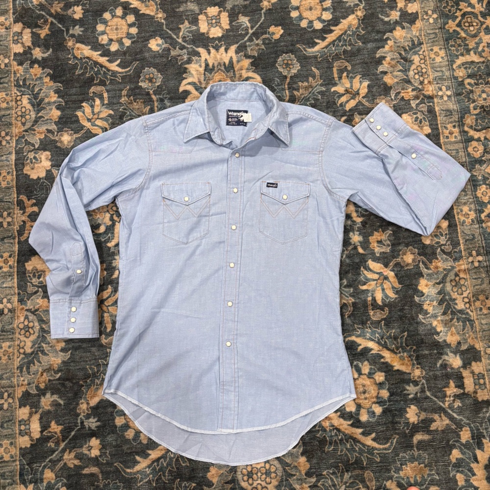 Vtg 90's Wrangler Light Blue Cowboy Western PEARL SNAP Ranch Work Rodeo Shirt